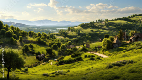 Countryside Landscape with Rolling Hills and a Quaint Village