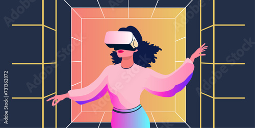 Metaverse Digital Virtual Reality Technology of a woman with glasses and a headset VR. Interaction and exploration of the virtual world	