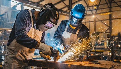 The two handymen performing welding and grinding at their workplace in the workshop