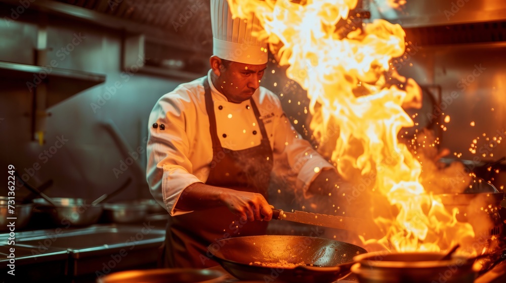 Chef Masterfully Cooking with Flames in Professional Kitchen Chef Masterfully Cooking with Flames in Professional Kitchen