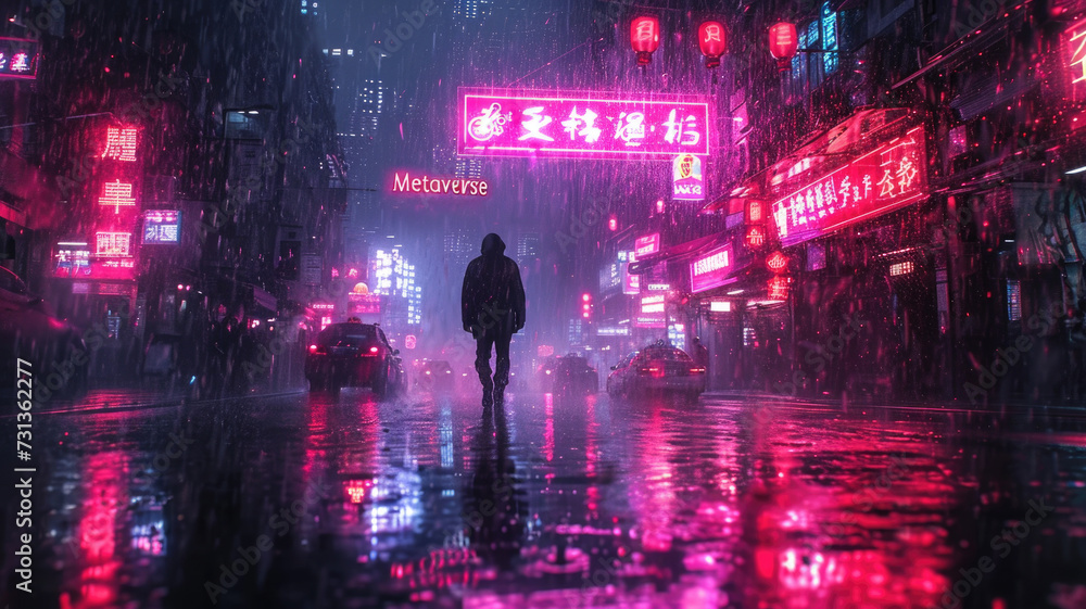 Lone man walks down street of cyberpunk city at night, neon signs in dark futuristic town in rain. Concept of future, virtual reality, game, light, metaverse, anime, dystopia