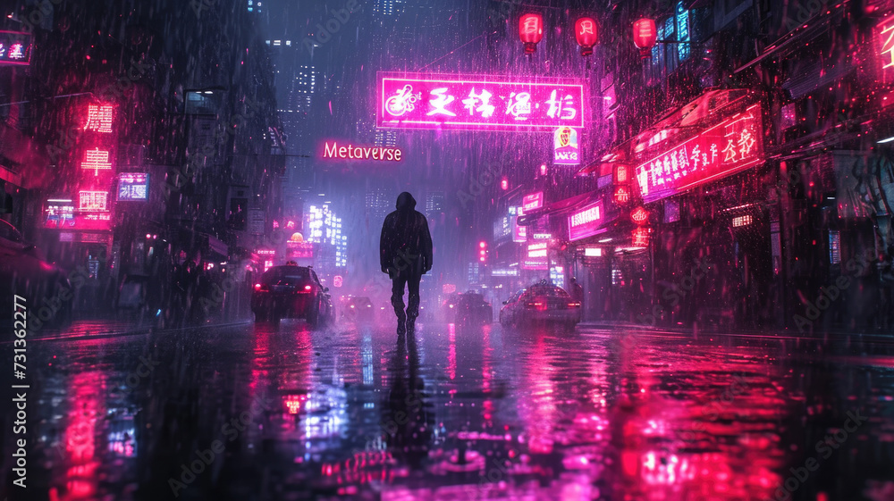 Lone man walks down street of cyberpunk city at night, neon signs in dark futuristic town in rain. Concept of future, virtual reality, game, light, metaverse, anime, dystopia Lone man walks down street of cyberpunk city at night, neon signs in dark futuristic town in rain. Concept of future, virtual reality, game, light, metaverse, anime, dystopia