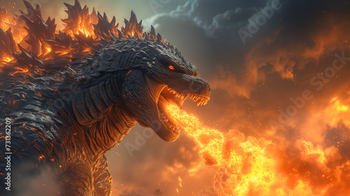 Huge godzilla shooting fire from his mouth. Game art style illustration.   © Andrii