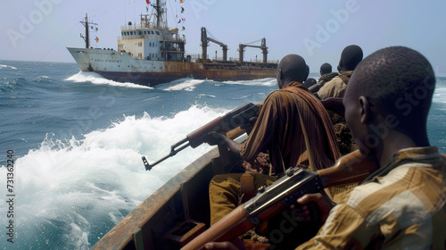 Modern sea pirates attacking cargo ship, boat with armed people sails off coast of Africa. Men holding machine gun in ocean. Concept of piracy, business, weapon, security
