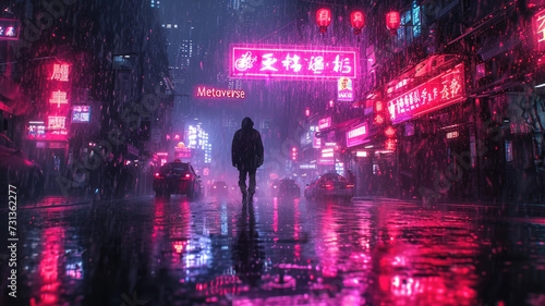 Lone man walks down street of cyberpunk city at night, neon signs in dark futuristic town in rain. Concept of future, virtual reality, game, light, metaverse, anime, dystopia