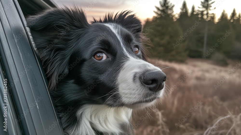 Border collie leaning out of car watching nature