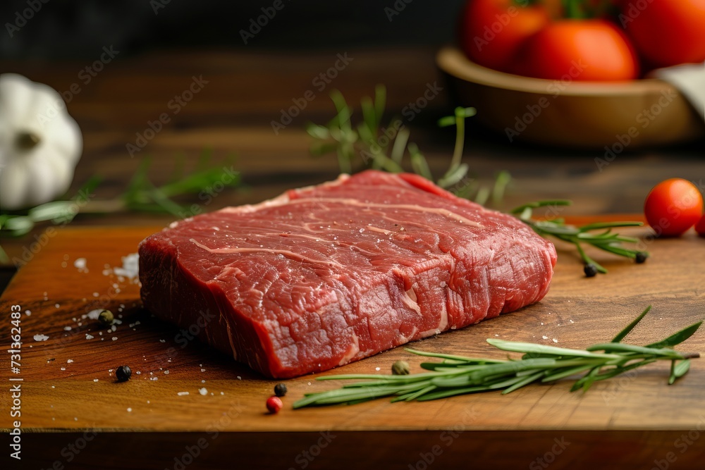 Piece of Meat on Wooden Cutting Board