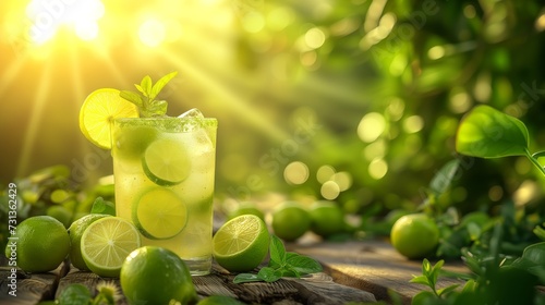 Summer lime lemonade with limes on a wooden table in a summer garden