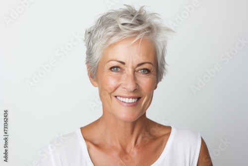 Portrait of a happy senior woman with grey hair smiling at camera