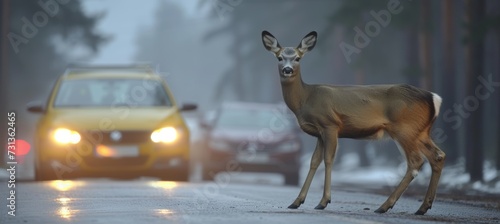 Deer standing on road near forest at night, road hazards and wildlife transport with copy space