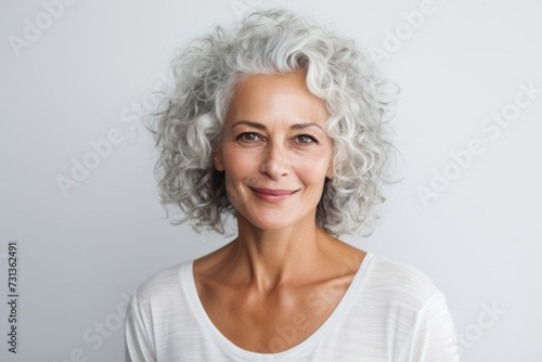 Portrait of smiling senior woman with grey hair on white background.