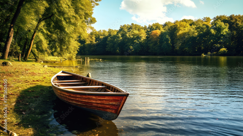 Serene Lakeside Scene with a Rowboat Gently Drifting on the Water