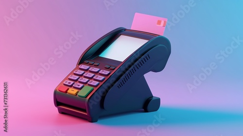 3D Payment Terminal with Card and Receipt Isolated. Render a modern POS bank payment device. Payment NFC Keypad Machine. Credit Debit Card Reader.  Vector illustration 