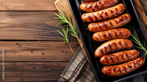 Sausages on the grill pan on the wooden table, realistic, HD, copy space - generative ai