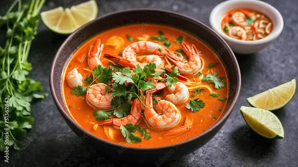 A bowl of Tom Yum Soup (Tom Yum Goong) with shrimp, cilantro, and lime., Perfect for a Healthy and Satisfying Meal