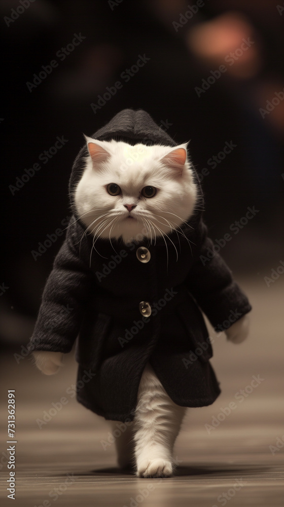 A white cat in the shape of a front, wearing a fashionable black costume, walking on the runway, movie texture