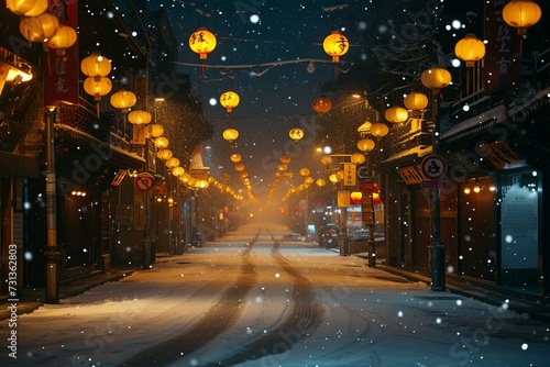 Snowy Street With Hanging Lanterns © Vit