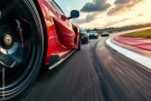 Red Sports Car Speeding Down Race Track photo