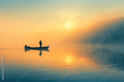 person fishing on a lake with a boat and a rod