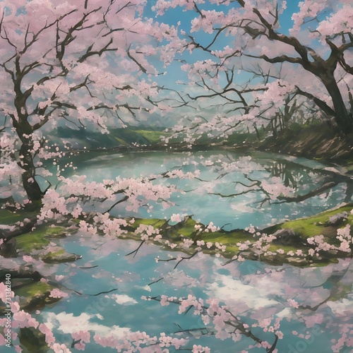 Overlooking a lake surrounded by cherry blossoms