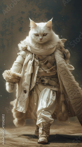 A white cat in the shape of a front, wearing a fashionable white costume, walking on the runway, movie texture © alenagurenchuk