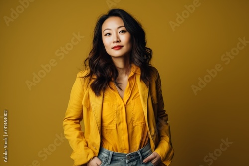 Portrait of a young beautiful asian woman in yellow jacket on yellow background