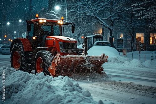 A Tractor Plows a Snowy Street at Night photo