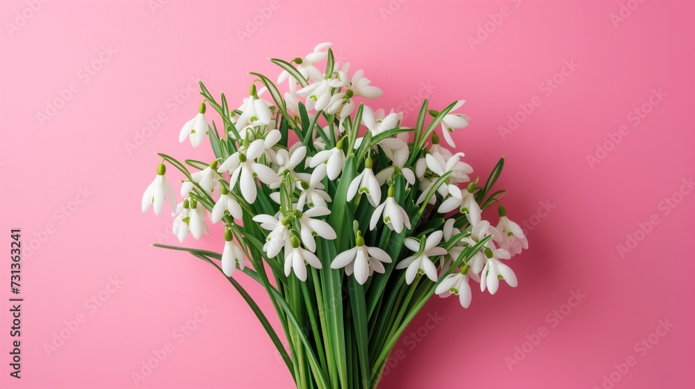 Bouquet of snowdrops on a pink background with copy space. Top view Bouquet of snowdrops on a pink background with copy space. Top view