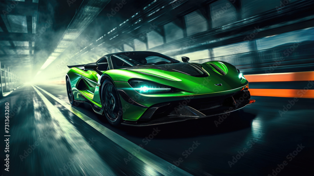 Light green and black sports car racing and drifting on a curve