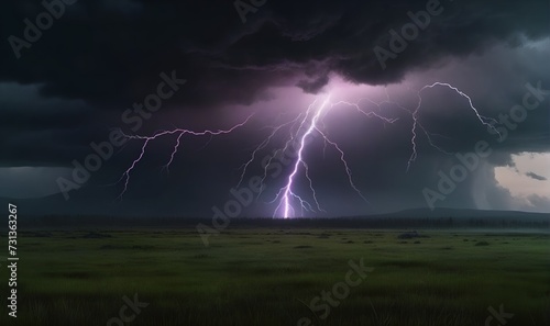 lightning strikes the ground, against a dark cloud and a green lawn.