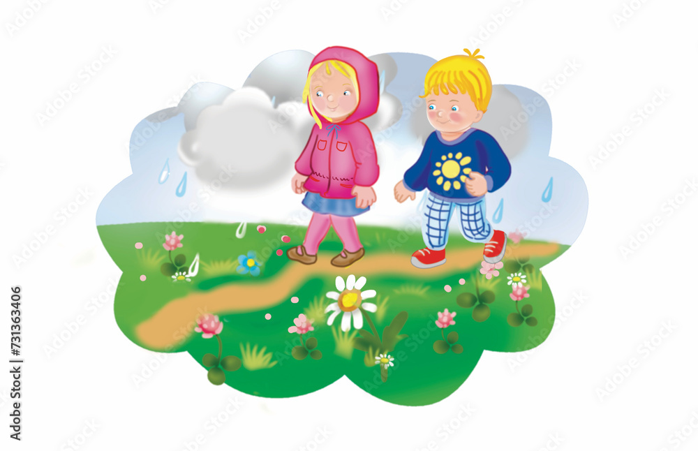 Obraz premium Cartoon childrens in the meadow 