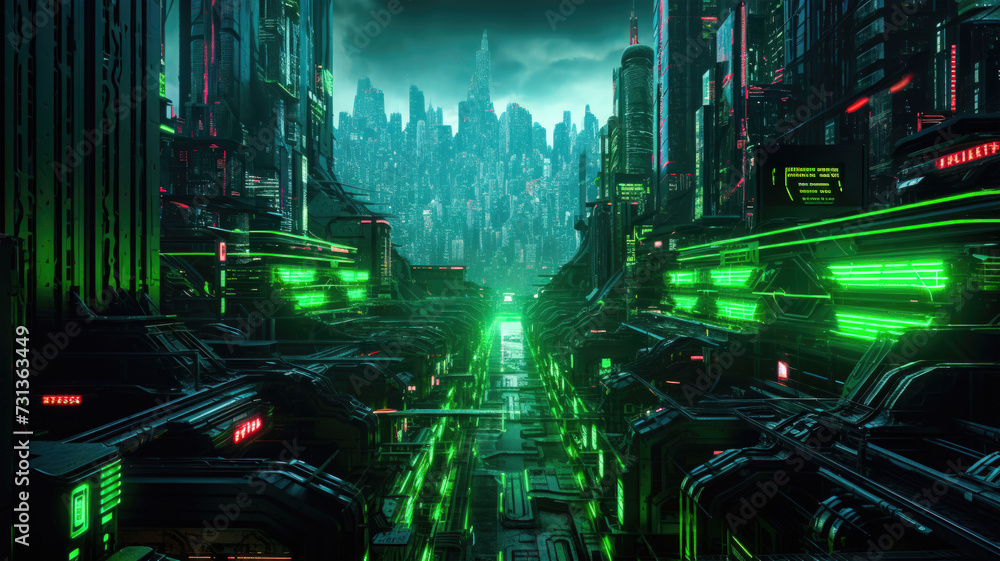 Cyberpunk city with light green and black streets and advanced tech