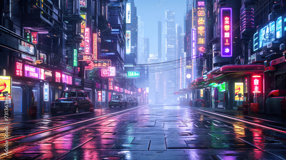 Futuristic cyberpunk cityscape with neon signs and light green and black technology