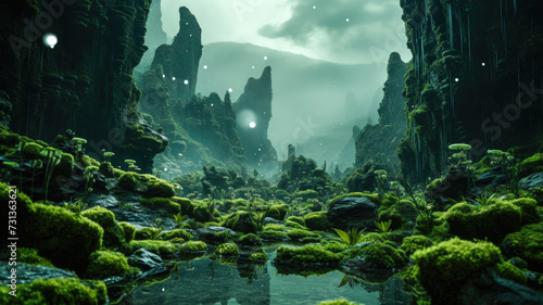 Surreal light green and black alien landscape with exotic plants and animals photo