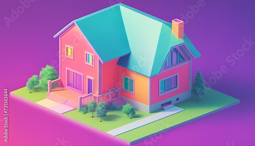 Isometric view of a detached single-family house in very colorful color combinations of the eighties © Christoph Burgstedt