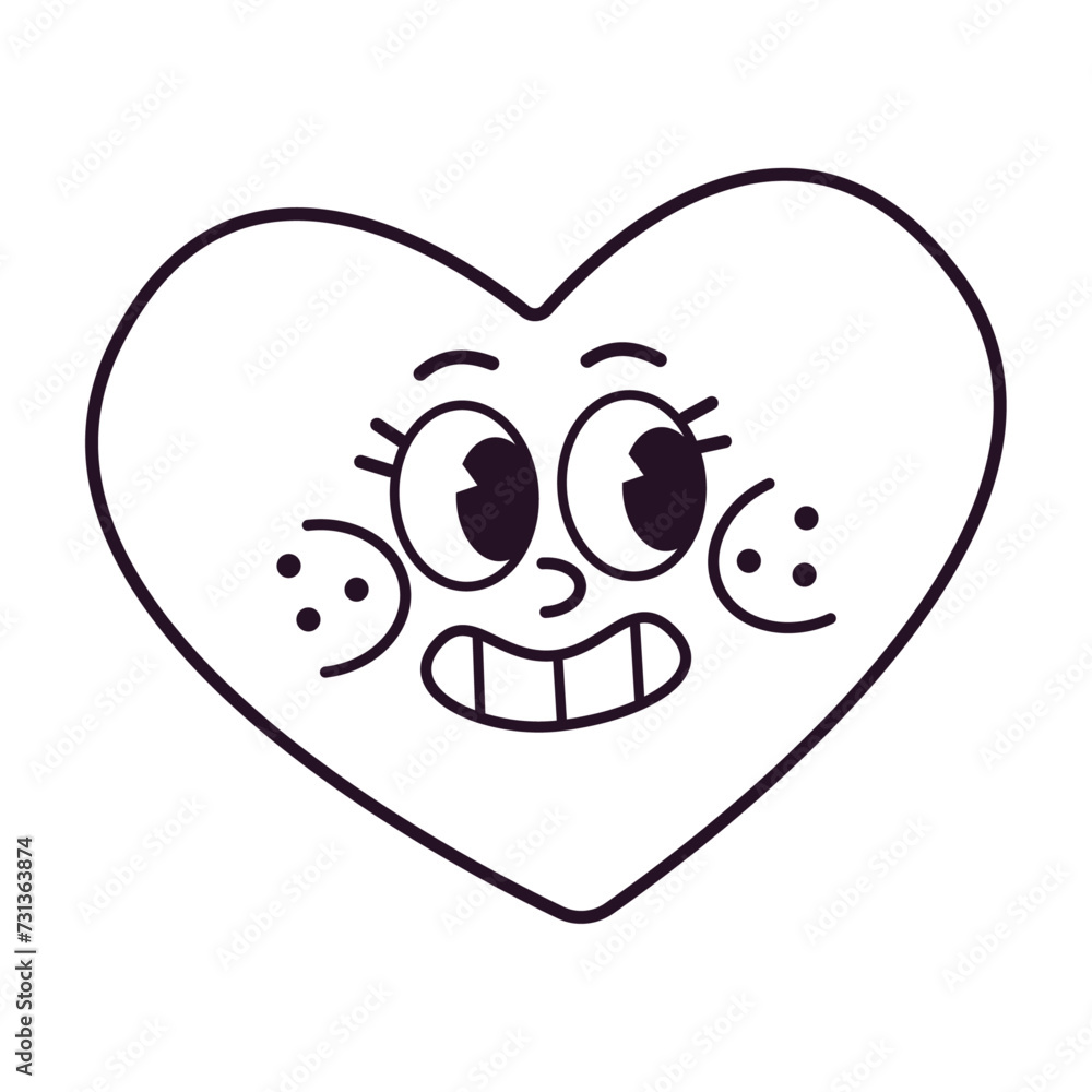 Doodle outline groovy vector cute sticker happy joyful smiling face heart. Vector drawing illustration in trendy retro vintage style Doodle outline groovy vector cute sticker happy joyful smiling face heart. Vector drawing illustration in trendy retro vintage style