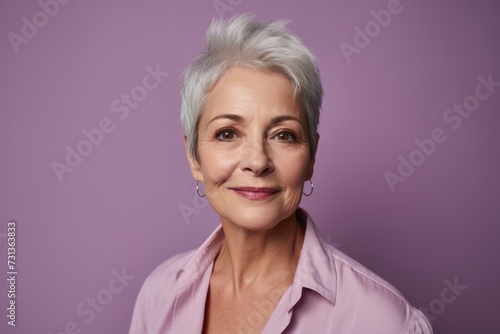 Portrait of smiling senior woman with short grey hair on purple background