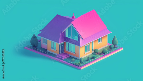 Isometric view of a detached single-family house in very colorful color combinations of the eighties