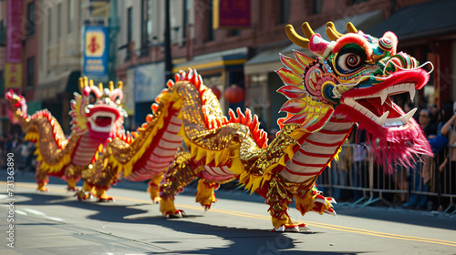 people celebrating in chinese dragon costumes at chinese new year parade