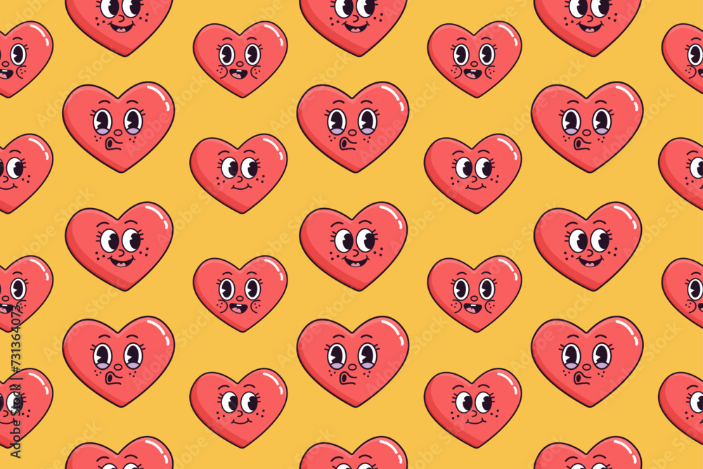 Seamless pattern, wallpaper with happy groovy sticker red hearts on yellow background Seamless pattern, wallpaper with happy groovy sticker red hearts on yellow background