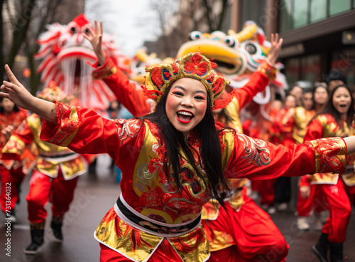 people celebrating at chinese new year parade