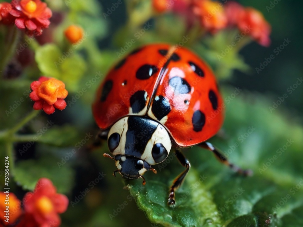 Obraz premium Red ladybug on a flowered plant