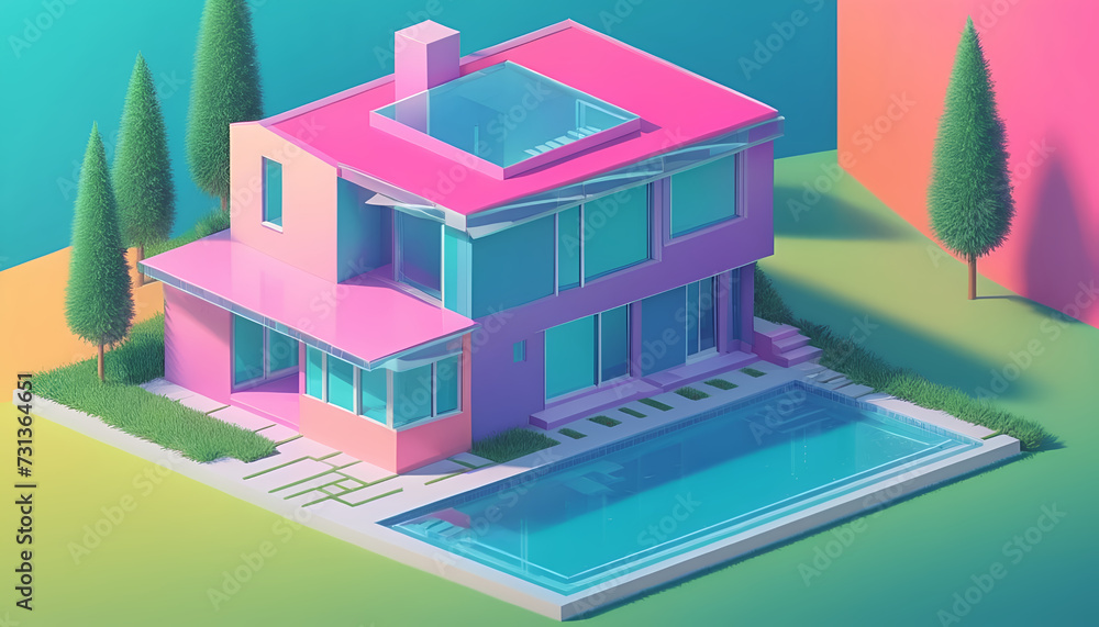 Isometric view of a detached single-family house in very colorful color combinations of the eighties Isometric view of a detached single-family house in very colorful color combinations of the eighties
