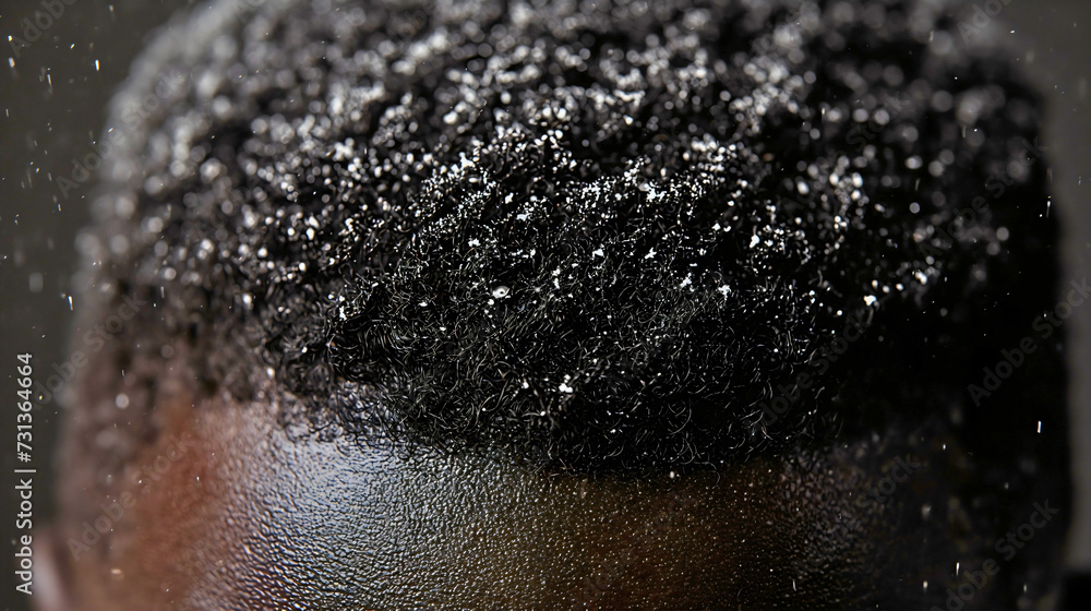 How To Treat Dandruff In African American Hair Close up of African American man with black hair full of white dandruff