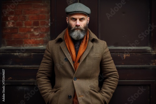 Portrait of a bearded man in a beret and coat on the street
