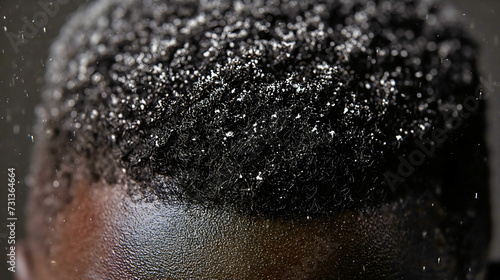 Close up of African American man with black hair full of white dandruff. Head or dry scalp skin problem dermatology treatment, medical shampoo for dandruff removal, hair follicle disease photo