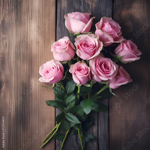 Pink Roses on Wooden Background