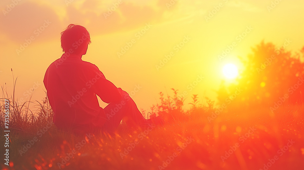 Man sitting in field watching the sun set Man sitting in field watching the sun set