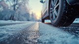 Closeup low angle of a car tire passing by on snowy asphalt road in cold weather winter season. Automobile vehicle wheel on the street, frozen road transportation driving