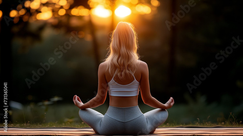 Young woman in athletic clothing meditating as the sun rises 